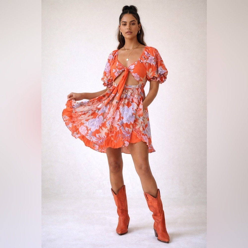 Spell and the Gypsy Lily red floral puff sleeve tie front mini play dress. XS